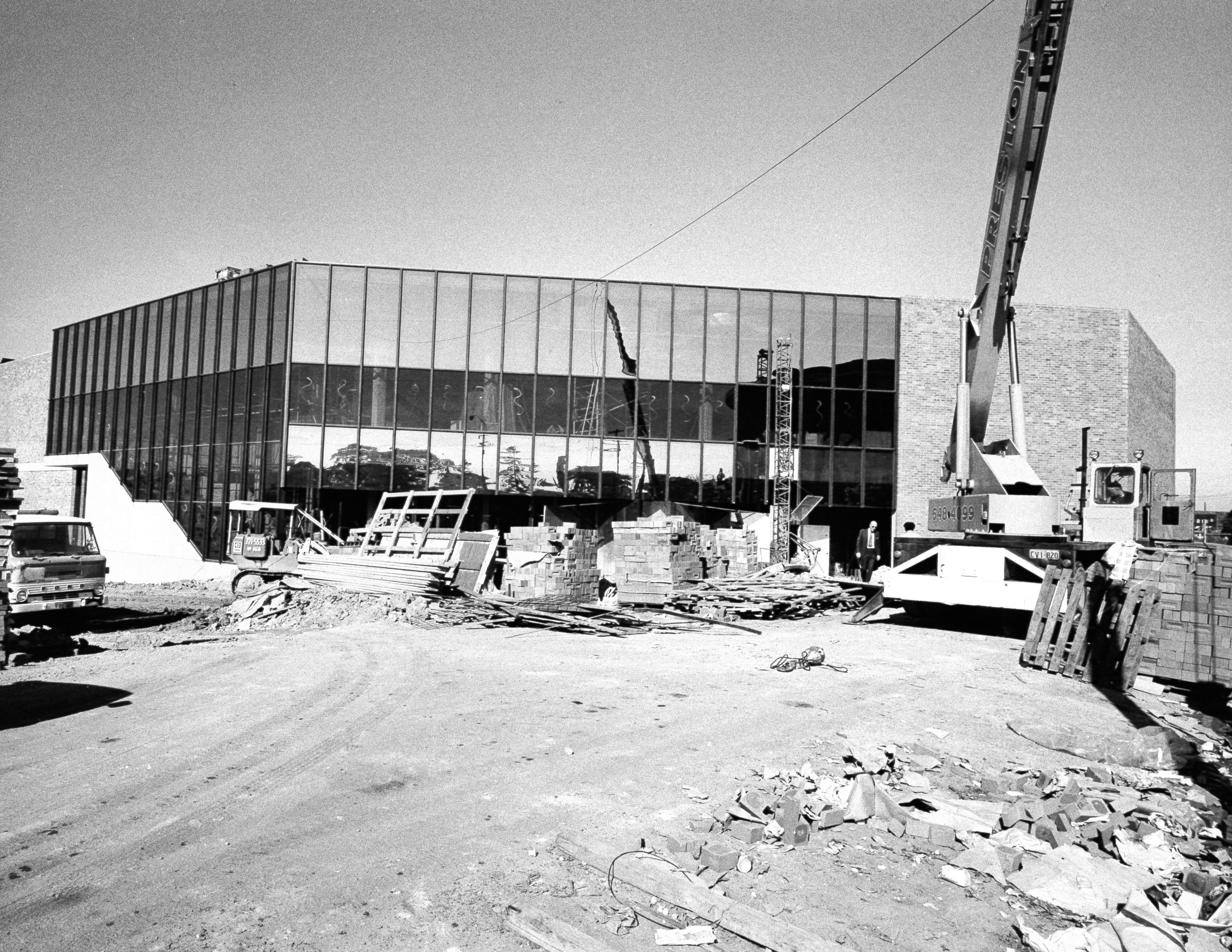 Black and white archival image from 1975 of the Seymour Centre midway through contruction.
