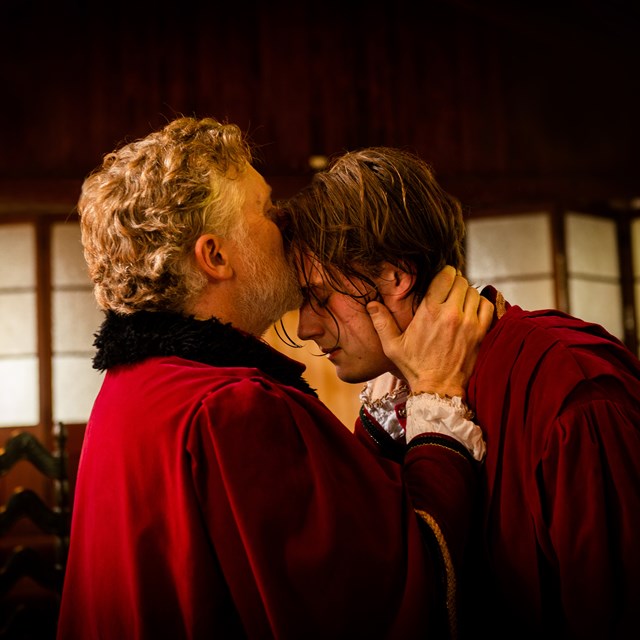 Promotional image of Henry IV Part 1 for Seymour Centres Arts Education Program depicting a king kissing his son on the forhead.