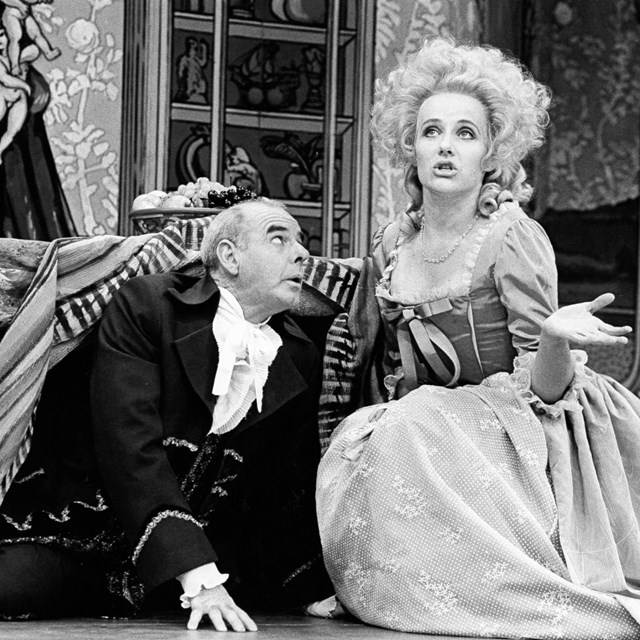 Black and white archival image of Barry Lovett And Liz Alexander in Tartuffe in 1987.