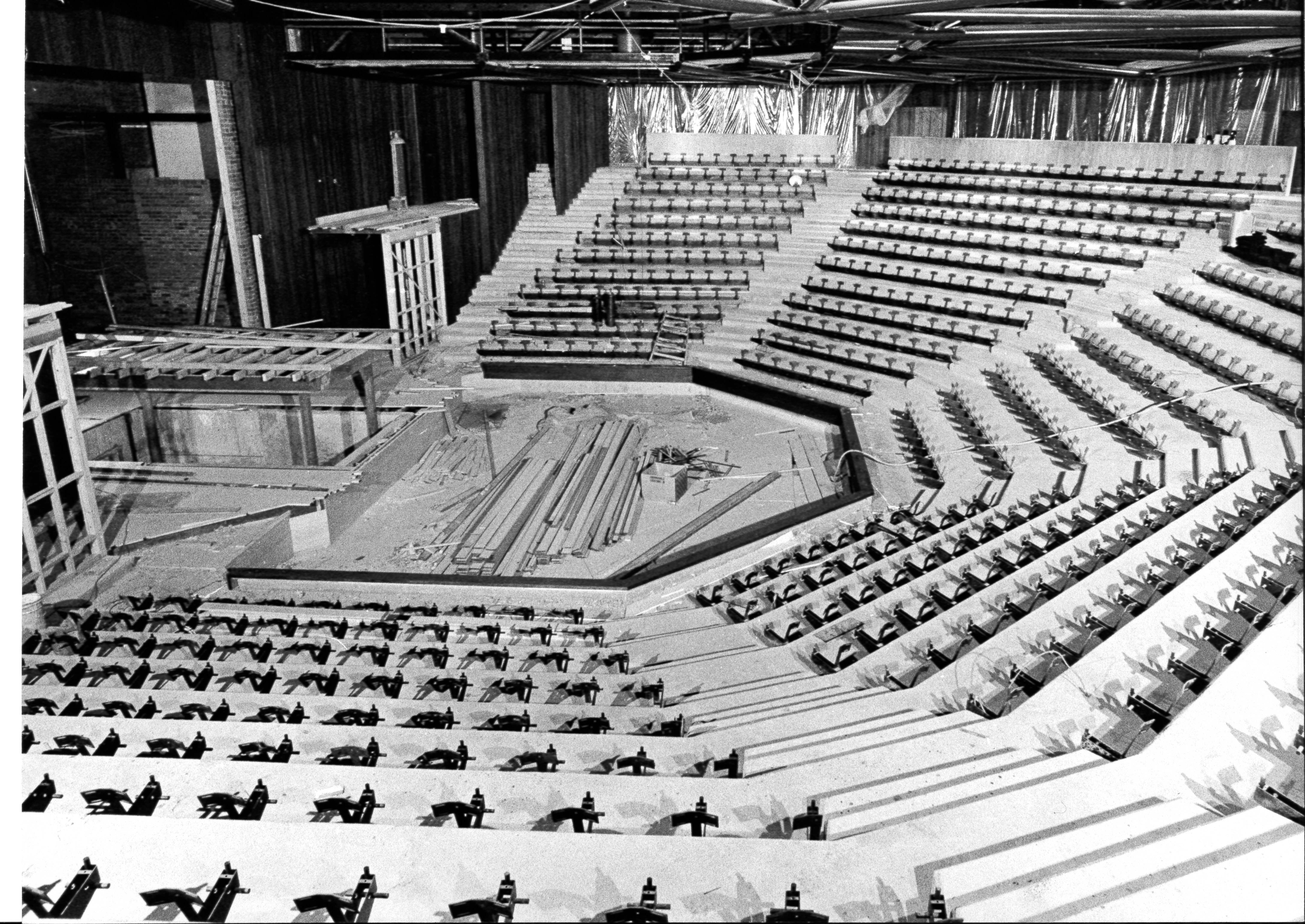 Black and white image of the York Theatre during contruction.