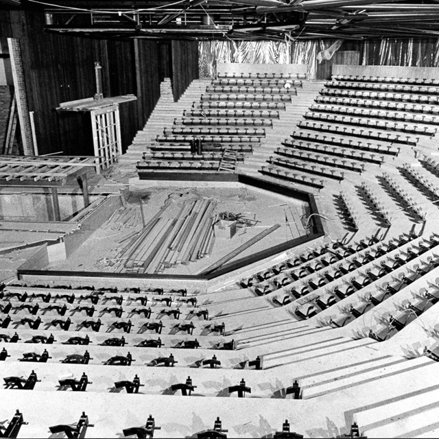 Black and white image of the York Theatre during contruction.