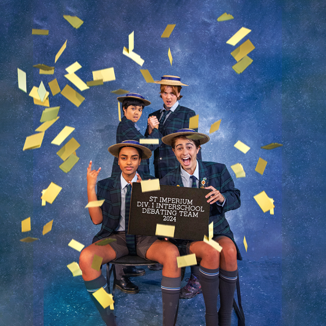 Promotional image for “Trophy Boys”, playing at Seymour Centre shows 4 actors in a school photo set holding a sign that says ' St Imperium Div.1 Interschool Debating Team 2024'.