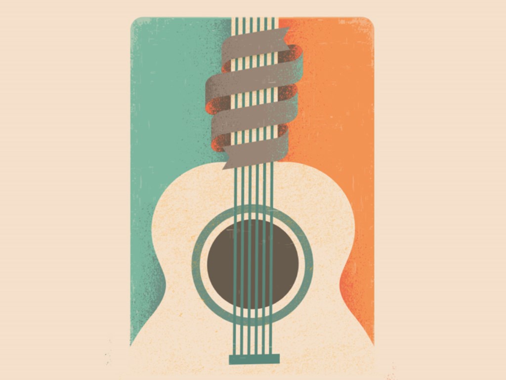 Image for James Reyne's 'In Case You Missed It' 2021 tour. Image contains a graphic of a beige guitar with green strings set against a beige, orange and green background. Next to the guitar are the words, ‘James Reyne’, and across the neck of the guitar are the words, ‘In Case You Missed It’. Around the sound hole are the words, ‘Acoustic / All the songs you love / COVID safe’.