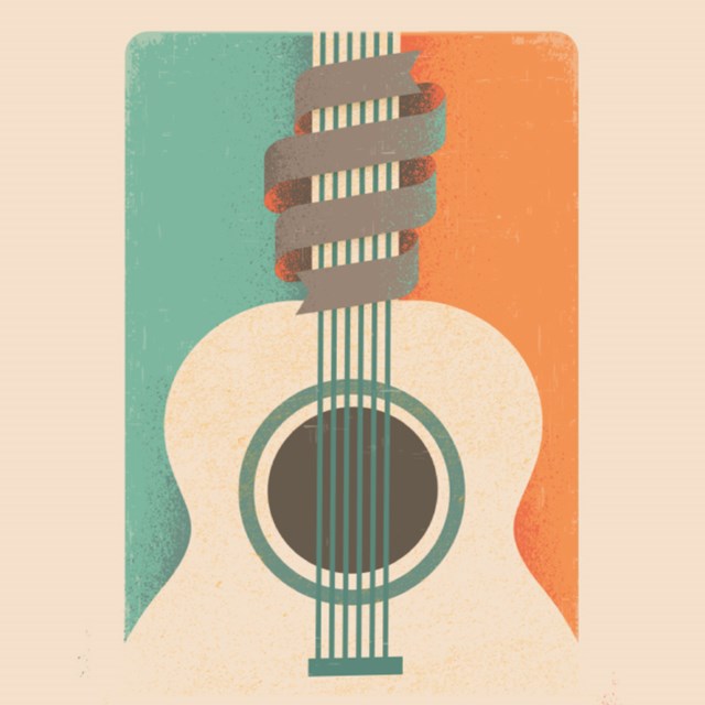 Image for James Reyne's 'In Case You Missed It' 2021 tour. Image contains a graphic of a beige guitar with green strings set against a beige, orange and green background. Next to the guitar are the words, ‘James Reyne’, and across the neck of the guitar are the words, ‘In Case You Missed It’. Around the sound hole are the words, ‘Acoustic / All the songs you love / COVID safe’.